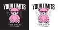 Pink teddy bear in pixel sunglasses and slogan for t-shirt design. Tee shirt with cartoon pink bear toy